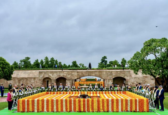 G20 leaders pay tribute at the Raj Ghat memorial to Mahatma Gandhi
