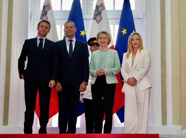 President Meloni with President Ursula von der Leyen, Prime Minister Robert Abela and President Emmanuel Macron at the EU MED9 Summit