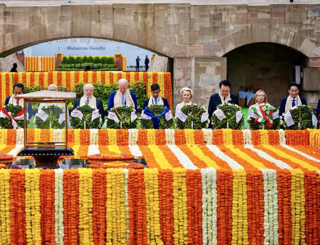 G20 leaders pay tribute at the Raj Ghat memorial to Mahatma Gandhi